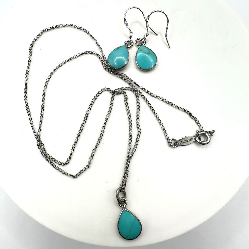 ATI 925 sterling silver genuine turquoise pendant necklace hook earrings set
